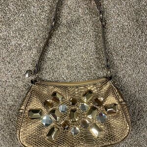 KATHY VAN ZEELAND Bronze Vinyl Bling Concho Stones Hobo Shoulder Bag Purse Y2K